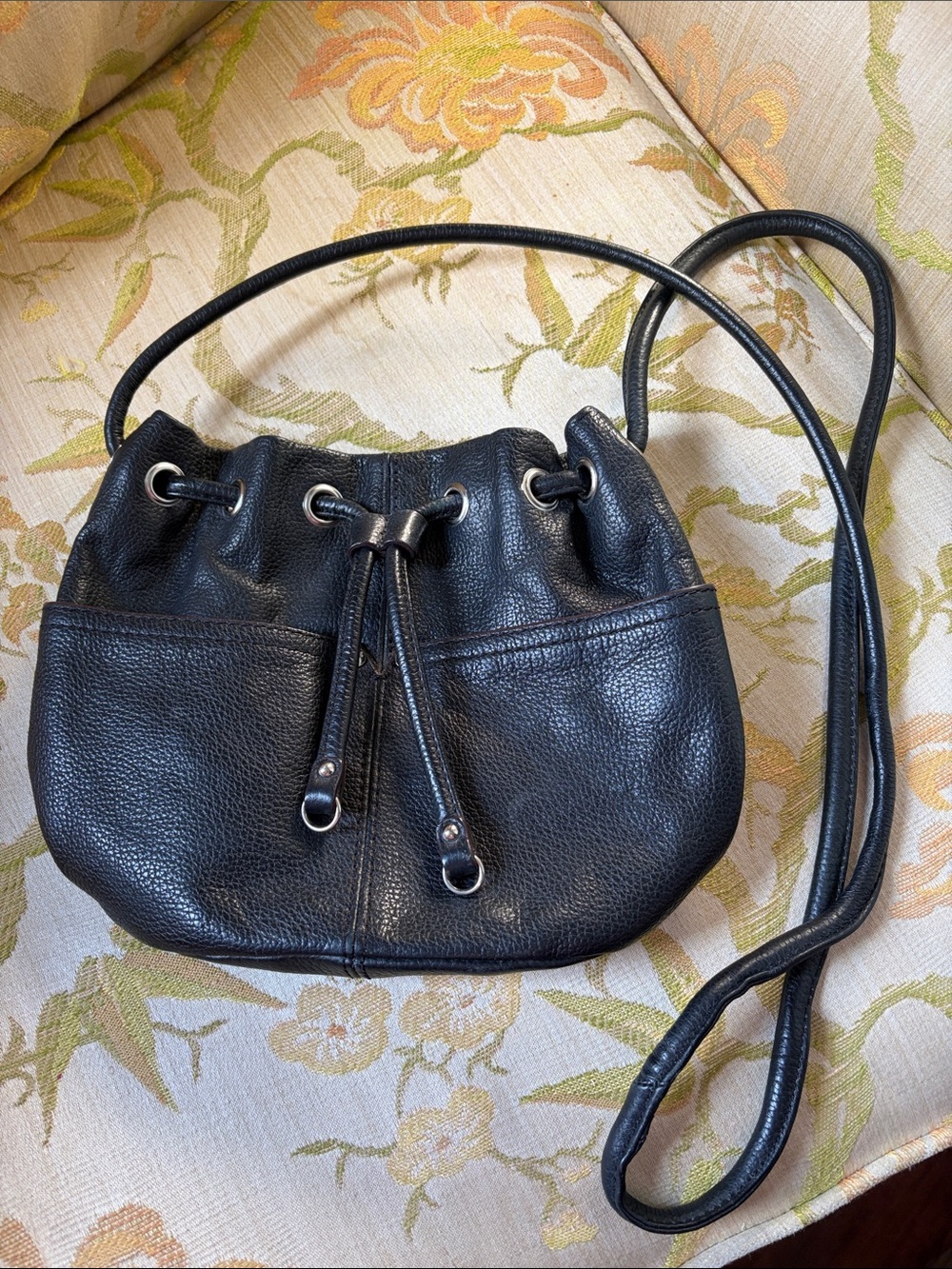 Genuine Leather Tignanello Black Pebbled Drawstring Crossbody